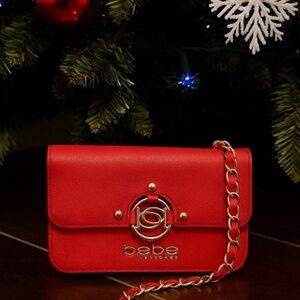 Bebe Bold Red Clutch with Gold Chain